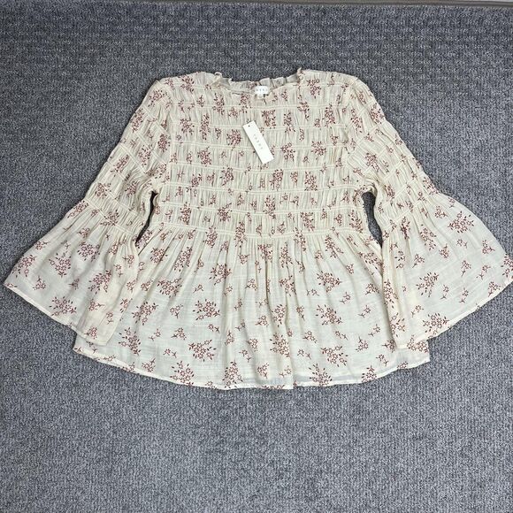 Adiva Tops - Adiva Top Womens Large Cream Floral Smocked Ruffle Peasant Boho Babydoll